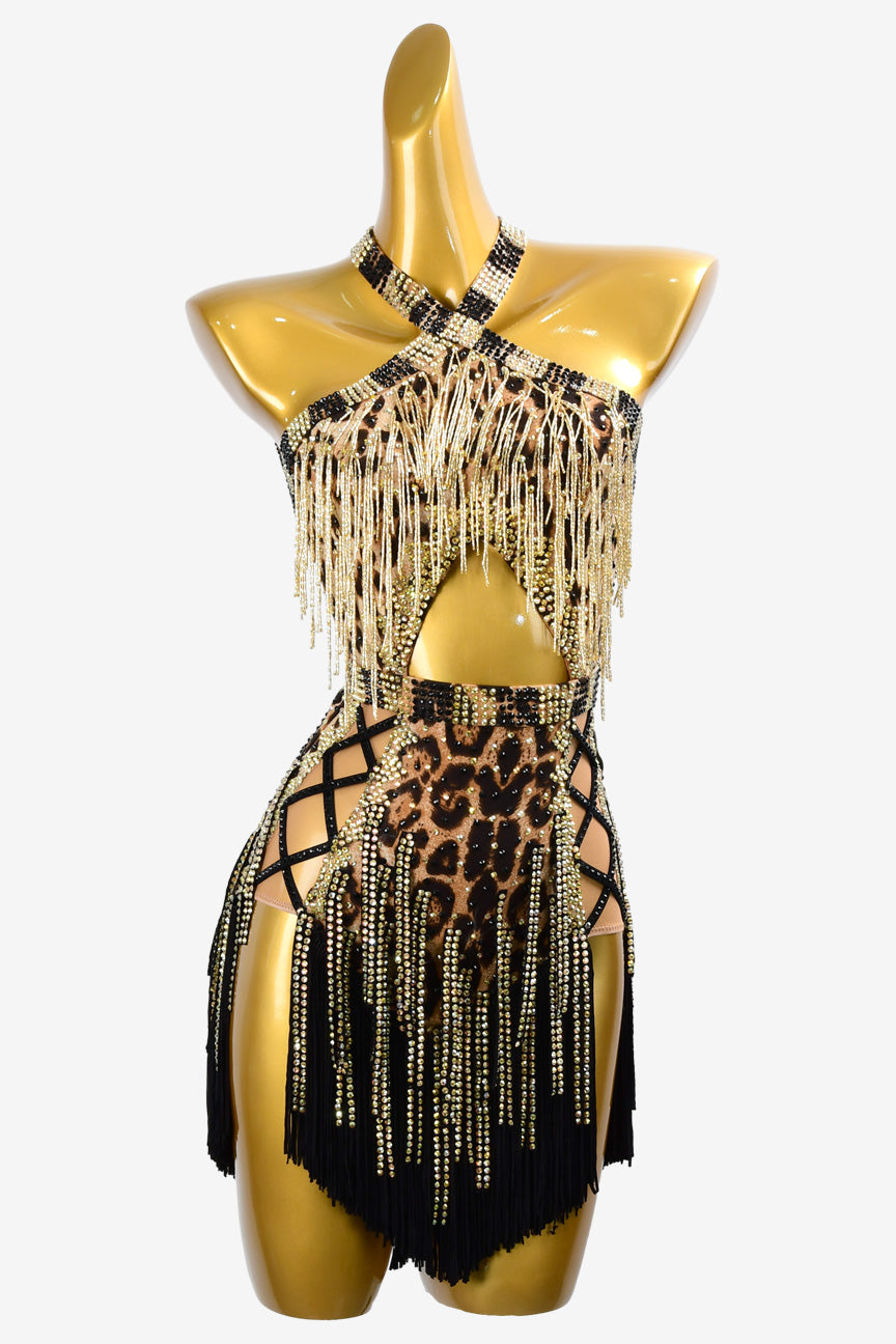 Permino leopard print Latin dress with crystal AB, fringe, beaded fringe and stone fringes