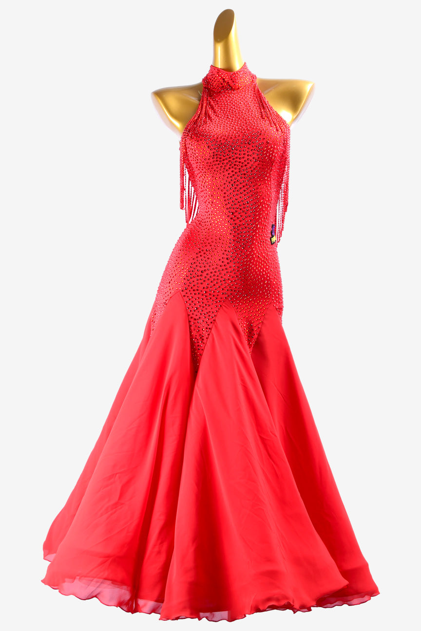 Permino china red Standard dress with stone fringes and crystal AB