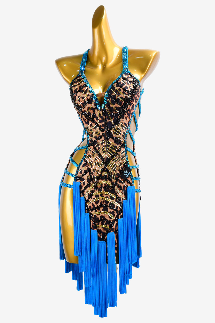 Permino leopard print Latin dress with AB stone and tassels