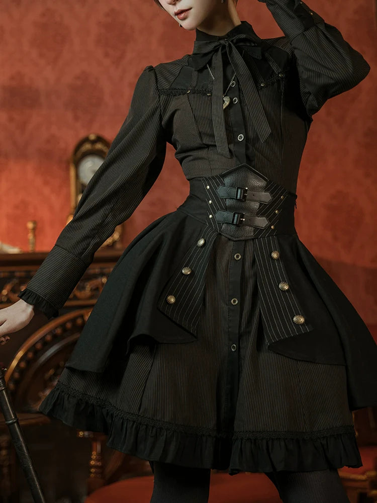 (BFM)Mr. Yi's Steam Continent~Gothic Lolita Skirt Black High-Waisted Leather Waistband Skirt